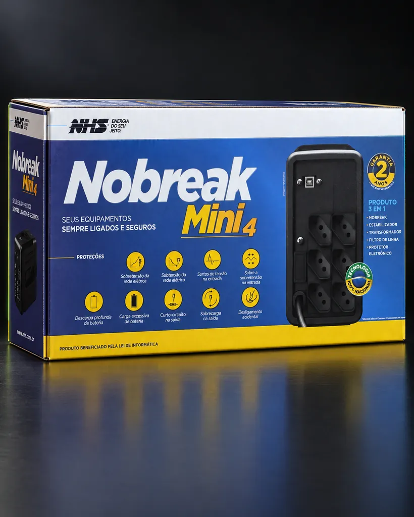 Caixa do Nobreak Mini 4 da NHS em azul e amarelo
